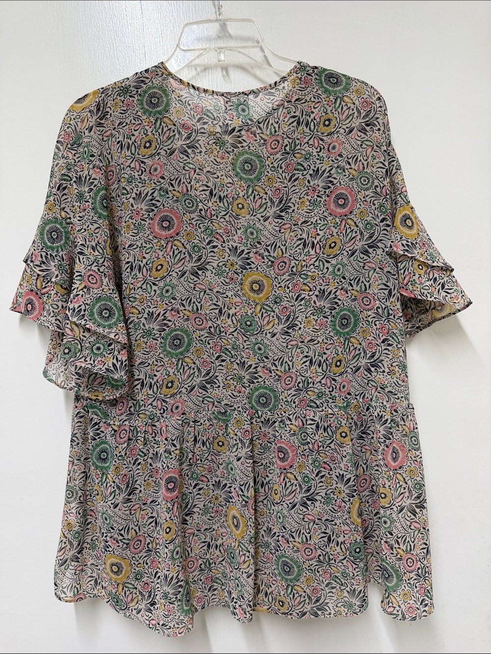 CAbi Floral Ruffle Blouse in Pink, Yellow & Green - Picture 3 of 3